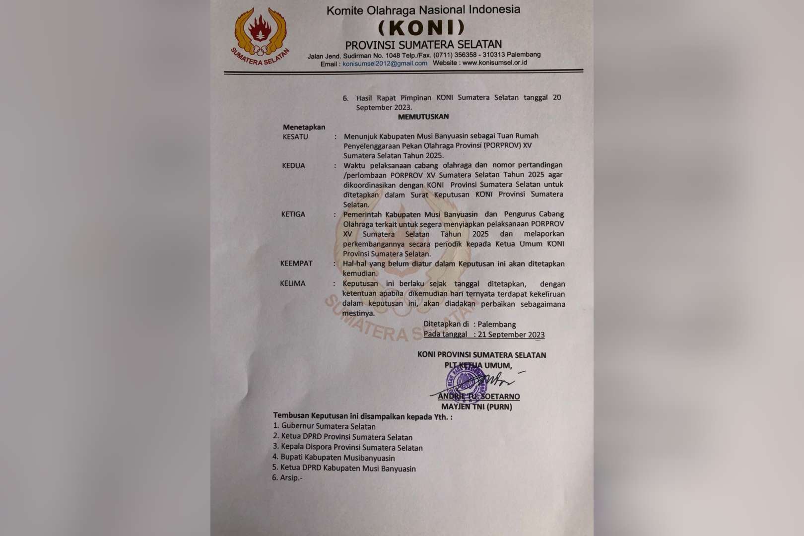 Muba Jadi Tuan Rumah Porpov 2025, Surat Keputusan Koni Sumsel Sudah Beredar