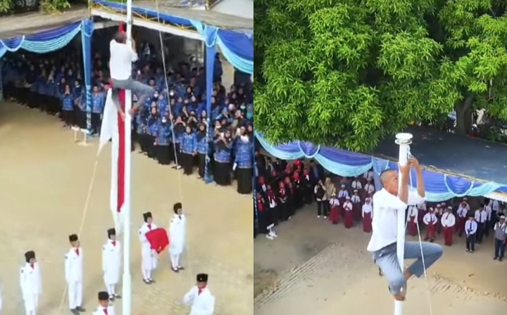 Viral! Aksi Siswa MA di Pemulutan Panjat Tiang Bendera Demi Selamatkan Upacara HUT RI