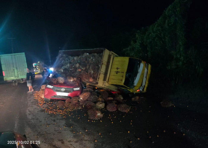 Truk Muatan Sawit Terguling, Timpa Mobil Ayla di Jalintim Babat Supat