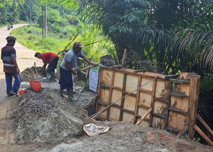 Gunakan Dana Desa, Pemdes Cinta Damai Perbaiki Oprit Jembatan di Jalan Poros Desa