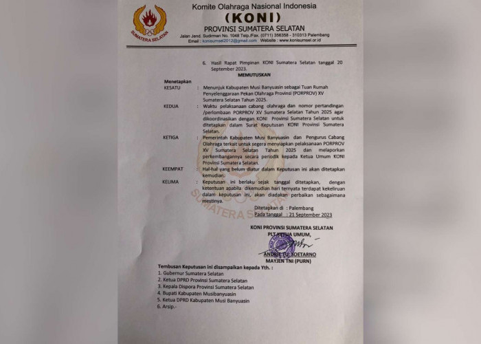 Muba Jadi Tuan Rumah Porpov 2025, Surat Keputusan Koni Sumsel Sudah Beredar