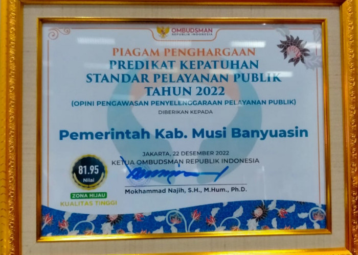 Pemkab Muba Raih Predikat Kepatuhan Tinggi Pelayanan Publik 2022