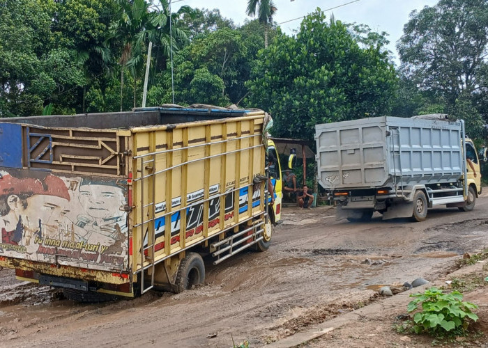 Truk Terjebak di Jalan Rusak, Jalan Sekayu - Keluang Sempat Terjadi Kemacetan