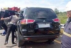 Ban Pecah di Tol Indralaya–Prabumulih, Mobil Pajero Terbalik 